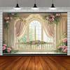 2D Romantic Balcony Backdrop Ornate European Window with Pink Roses Photography Background