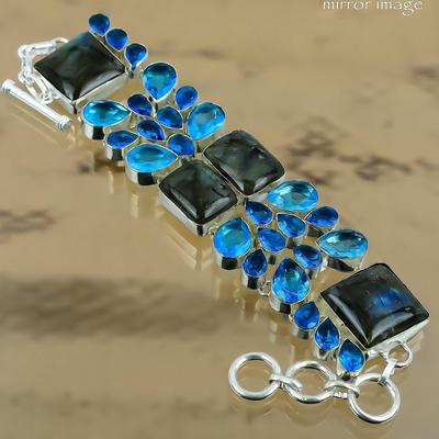 Bracelet Bracelet Chaîne Neuf en Argent Sterling avec Pierre Précieuse Labradorite Radieuse et Topaze Bleue Suisse