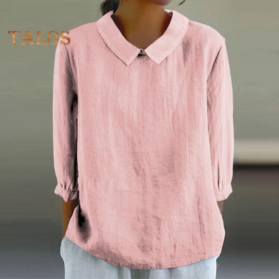 Women Shirt Doll Collar 3/4 Sleeve Pullover Tops Solid Color Loose Fit Thin Shirt Tops Casual Daily Wear