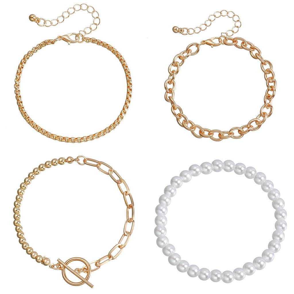 Accessories, Punk Simple Stacked Metal Chains Mixed And Matched Imitation Pearl Jewelry, Bracelet Set For Women