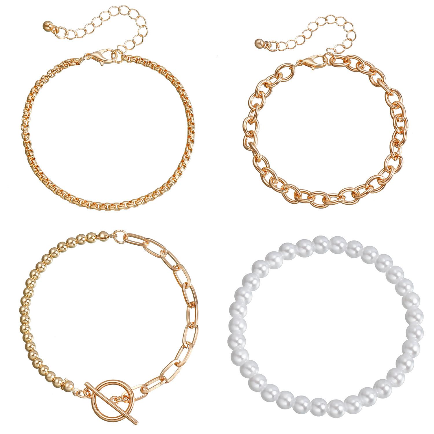 Аксессуары, Панк Простые Нанизанные Металлические Цепочки Разнообразно Сочетающиеся Украшения из Имитации Жемчуга, Набор Браслетов для Женщин