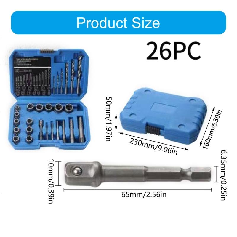 26 Piece Screw Extractor Kit 135 Degree Split Point With Alloy Drill Bit And Impact Adapter For Damaged Bolt Nut Removal