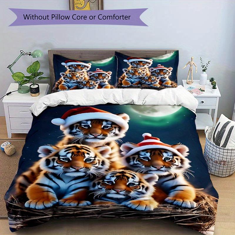 3Pcs Tiger Cubs Printed Bedding Set, Breathable And Soft, Machine Washable, Christmas Gift, Suitable for Bedroom Decoration, 15174