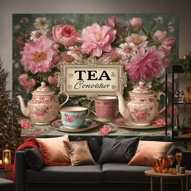 2D Pink Peony Teaware Backdrop, Afternoon Tea & Princess Themed Party Decoration
