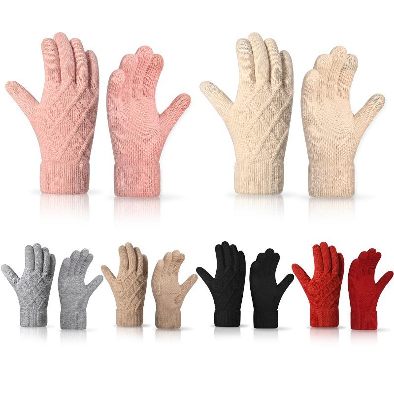 Women's Autumn and Winter Knitted Gloves Double-layer Velvet Thickened Thermal Gloves Simple Jacquard Touch Screen Gloves