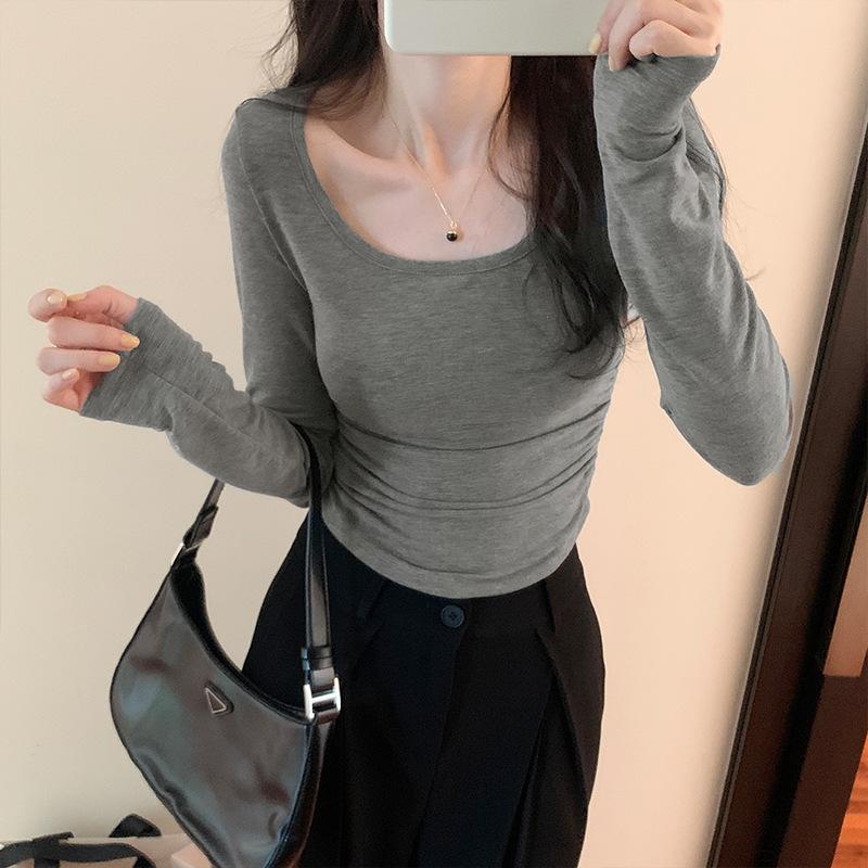 

Большая серая универсальная тонкая футболка с длинными рукавами, женская осенне-зимняя новинка, плиссированная талия, утягивающая рубашка XL