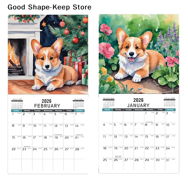 2026 Monthly Hangable Wall Calendar Cartoon Dog Wall Calendar Corgi Dog Design Monthly 12 Month Family Organizer Calendar