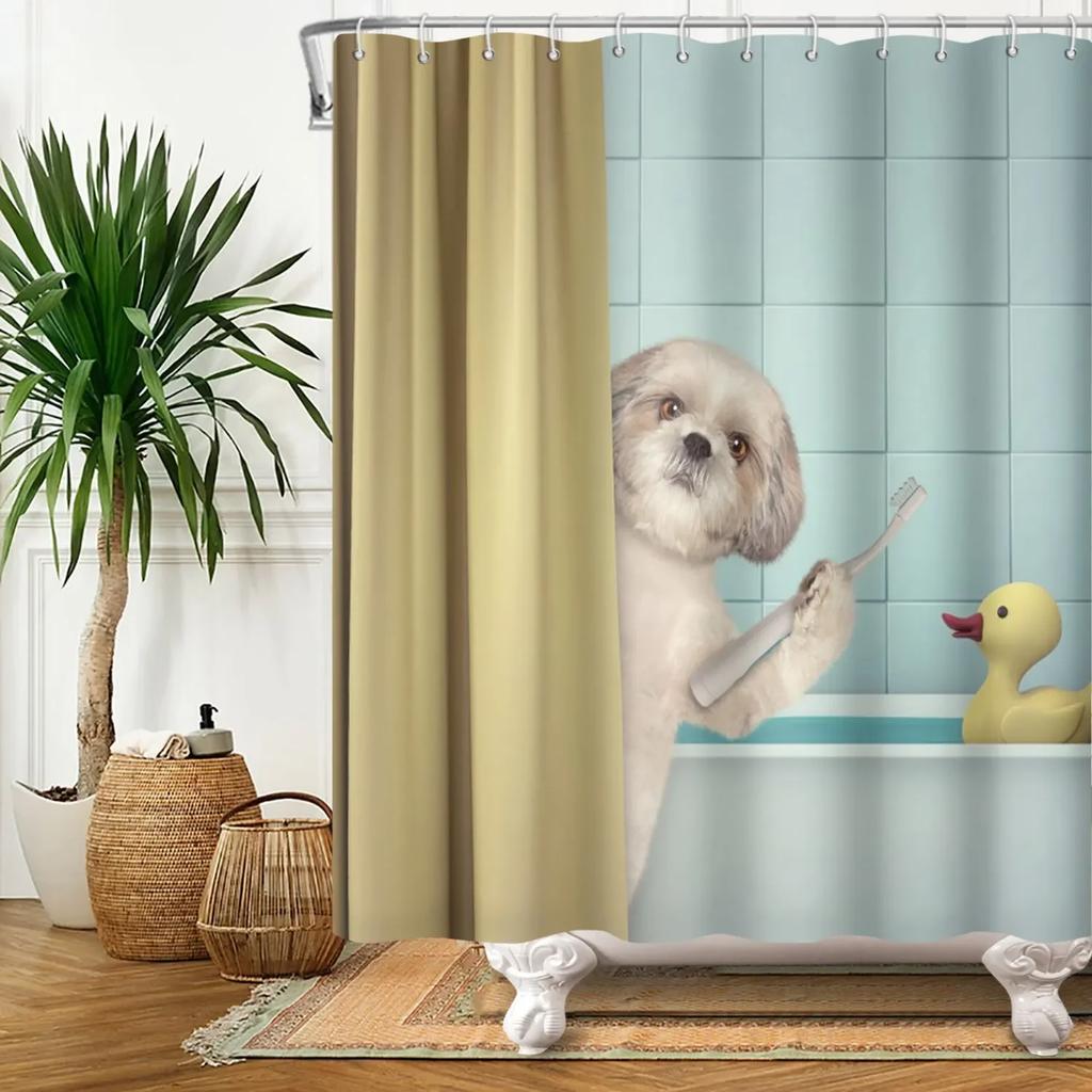 Funny Cat Shower Curtain Cartoon Cute Cats Dog Kids Shower Curtain for Bathroom Waterproof Polyester Home Decor Shower Curtains