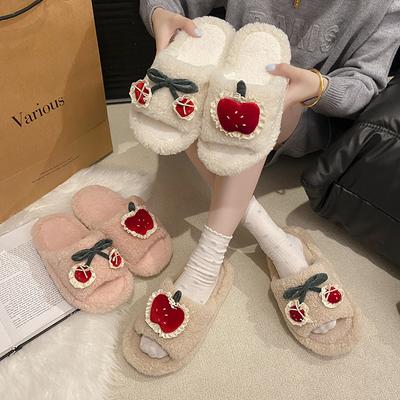 Cute Little Apple Cherry Fluffy Slippers Women's Wear 2025 Autumn and Winter Home Non-slip Warm One-word Cotton Slippers