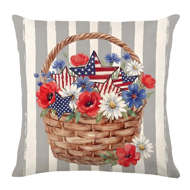 Star Striped Flower Wreath Throw Pillow Case 4th of July Patriotic Independence Memorial Day US Flag Cushion Cover