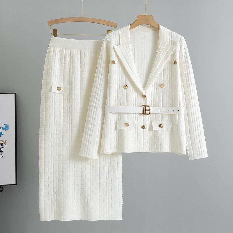 Women's Spring & Autumn High-End Knit Suit Set with Slimming Collar Coat & Hip Wrap Skirt