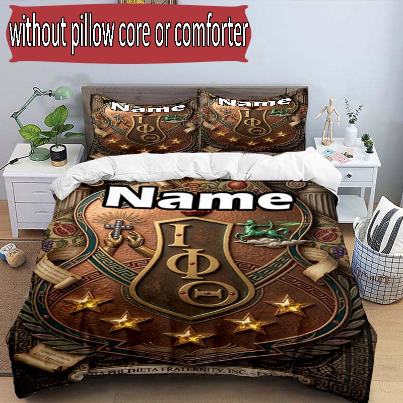 3pcs Duvet Cover Set (1*Duvet Cover + 2*Pillowcase, Without Core), Custom Name Iota Phi Theta Pattern Bedding Set, Home Bedroom Decor Gift