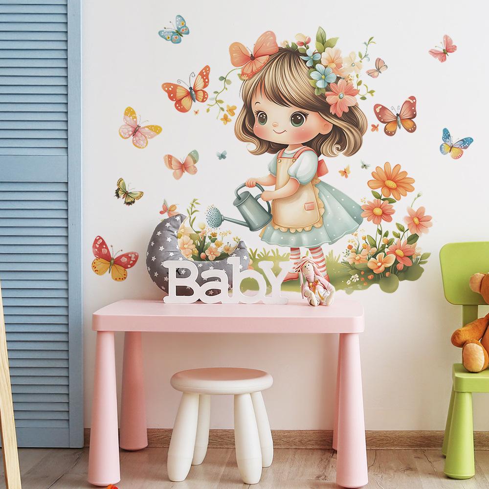 2 Pcs Cartoon Cute Little Girl Flowers Butterfly Bedroom Living Room Home Background Beautification Wall Stickers