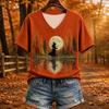 Women's Fall Themed Print V-Neck Short Sleeve Top for Casual Everyday Wear