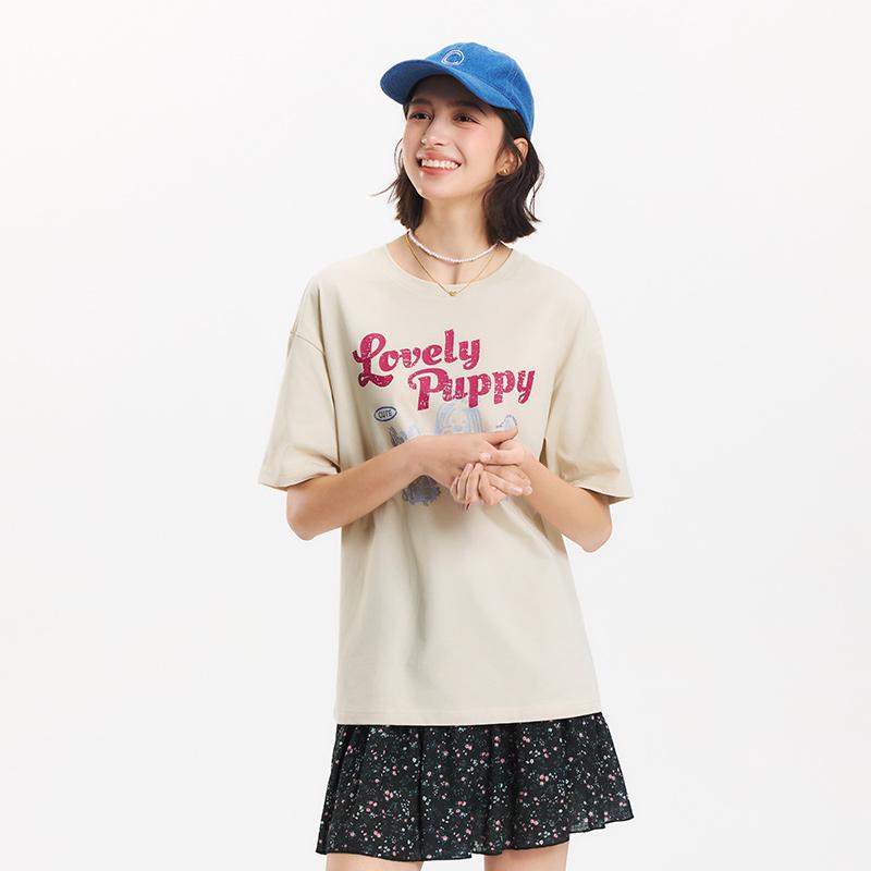 Semir Short Sleeve T-Shirt Women Mid-Length Pattern Cute Retro 2025 New Summer Moisture Wicking Loose Top Niche Style