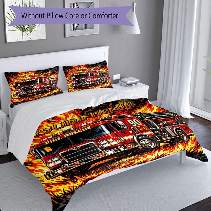 3PC Custom Name Fire Truck Flames Bedding Set Duvet Cover Closure Includes 1 Duvet Cover & 2 Pillowcases for Bedroom