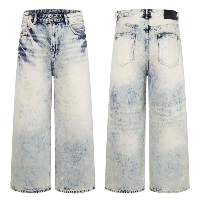 Unisex Relaxed Straight Leg Denim Jeans Water Washed Gradient Distressed Style Fall Casual Streetwear