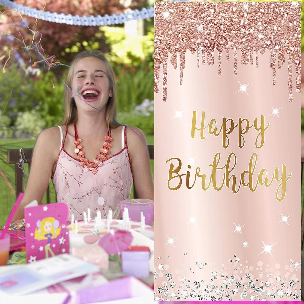 Pink Rose Gold Happy Birthday Door Banner Decorations, Happy Birthday Door Cover Backdrop Party Supplies for Women, Large 16th 21st 30th 40th 50th