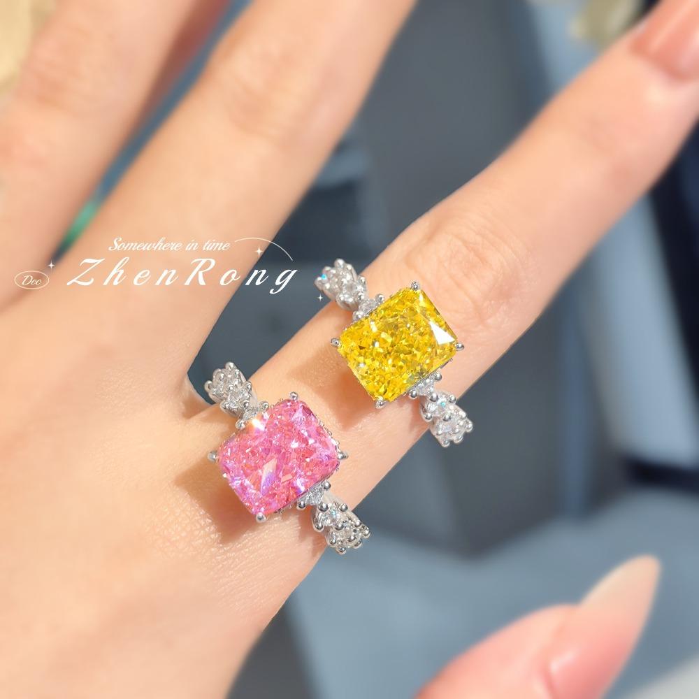 Open Ring Princess Cut Pink Diamond Fashion Jewelry High Carbon Radiance Yellow Gemstone Ring for Women