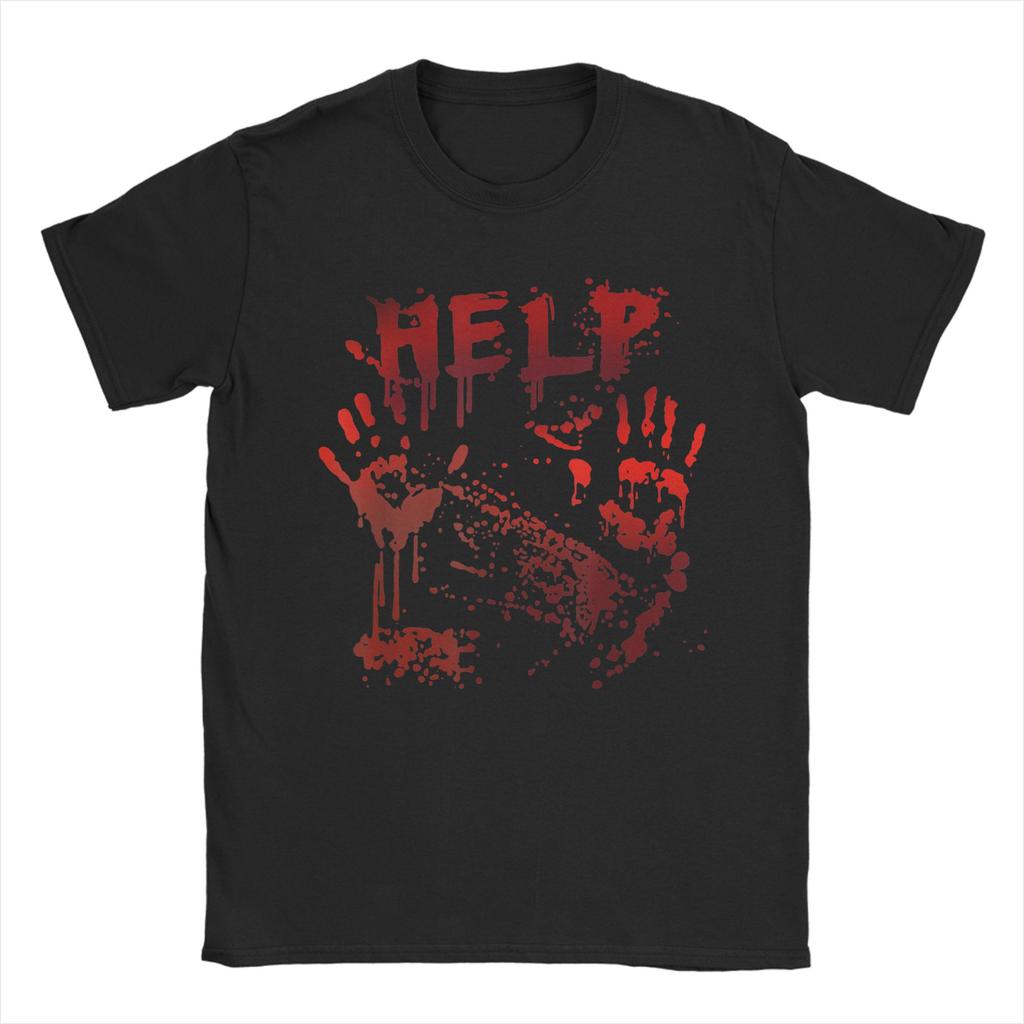 Bloody Hands Help Handprint Halloween T Shirt Men's Cotton Unique T-Shirt Crewneck Horror Tees Short Sleeve merchandise Classic