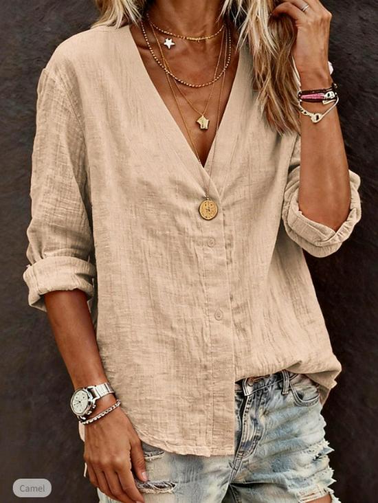 2026 Solid Color V-Neck Loose Cardigan Shirt for Women - Casual European and American Style