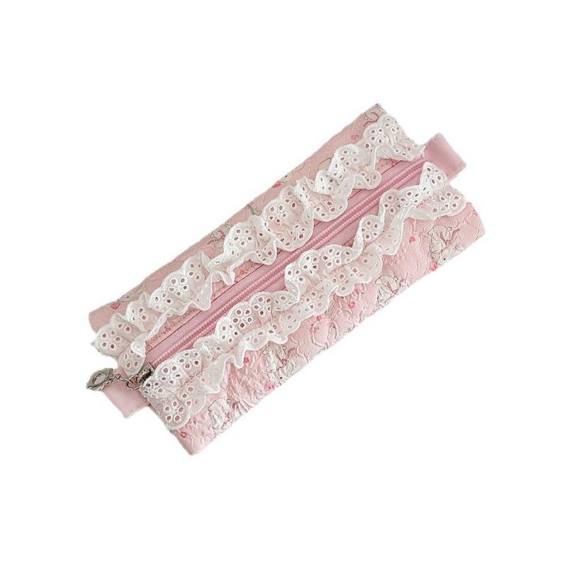 Cute Sweet Lace Ruffle Pencil Case for Girl Pink Color Cartoon Animal Pen Pouch Portable Creative Design Stationery Organizer