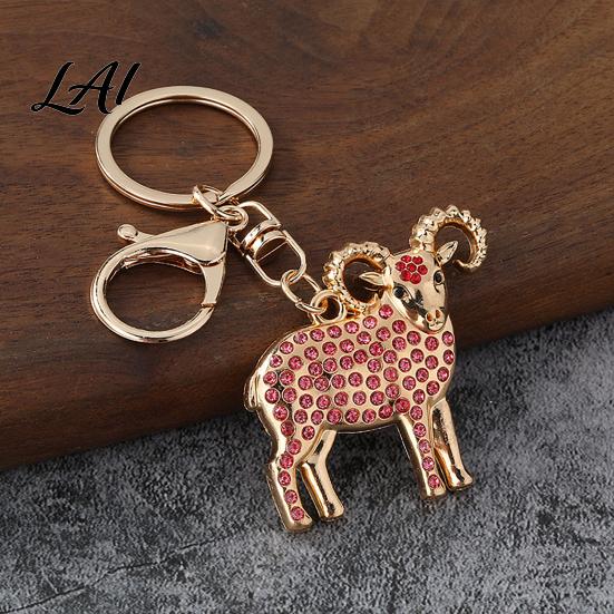 Golden Plated Animal Keyring Rhinestone Goat Keychain Shaped Metal Handbag Charm Pendant Handbags Backpack Decorative Accessories