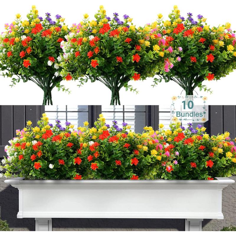 Flowers Artificial Bundle Outdoor Artificial Resistant Faux Plastic Shrubs Plant