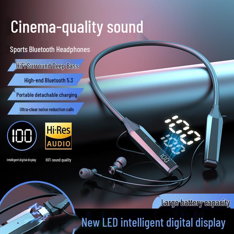 Bluetooth Neckband Headphones with Card Slot, Digital Display, Removable Battery, Universal Compatibility