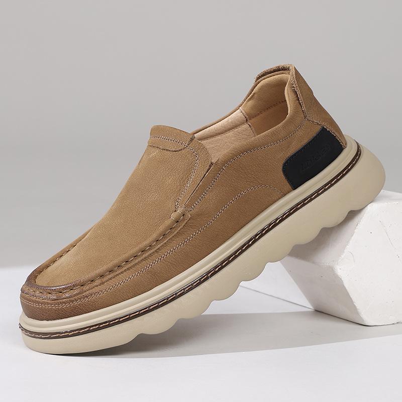 Men's 2025 Autumn Genuine Leather Slip-On Loafers, Vintage Workwear Style, Thick Sole Casual Shoes