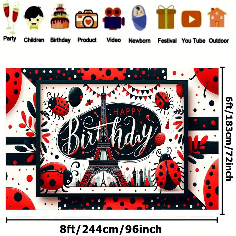 2D Eiffelturm Marienkäfer Geburtstag Hintergrund Banner Fahnen Kinder Party Dekoration Hintergrundtuch