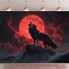 2D Gotische Achtergrond, Huilende Zwarte Wolf met Bloedmaan en Mistig Landschap Banner