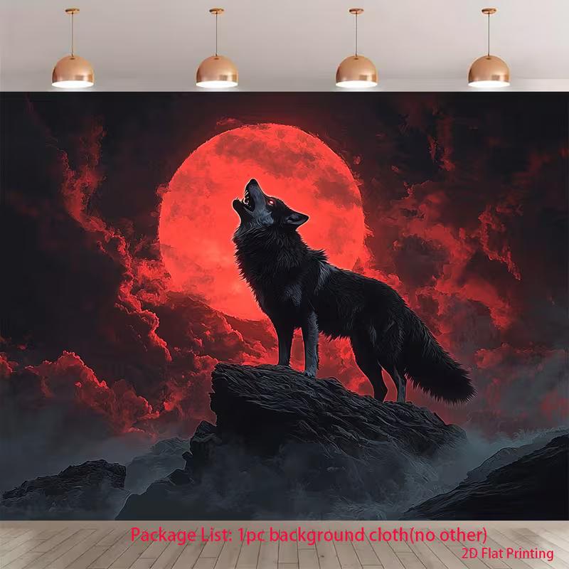 2D Gothic Backdrop, Howling Black Wolf with Blood Moon and Misty Landscape Banner 47.2x31.5inch/120*80cm