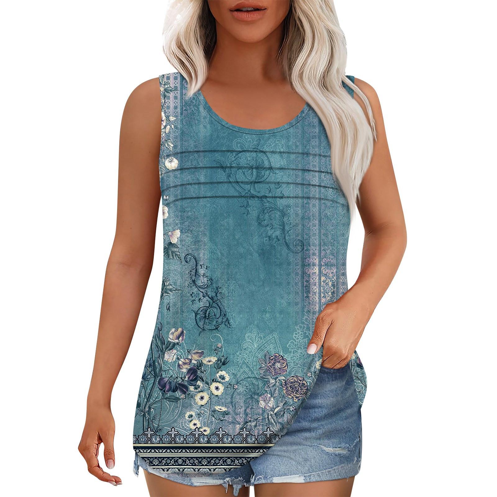 

Майка для женщин Летние наряды Без рукавов Блузки с принтом Повседневные свободные рубашки Округлый вырез Складки спереди M