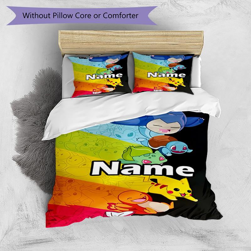 3-teiliges Bettbezug-Set (1 * Bettbezug + 2 * Kissenbezug, ohne Kern), Benutzerdefinierter Name Pokemon Muster Bettwäsche Set, Heim Schlafzimmer Dekor Geschenk