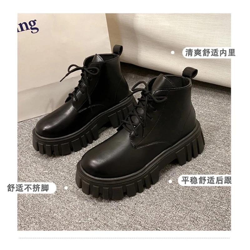 Botas De Motocicleta Con Plataforma Para Mujer, Botines Con Cordones, Tacón Grueso, Hebilla De Cinturón, Bolsillo