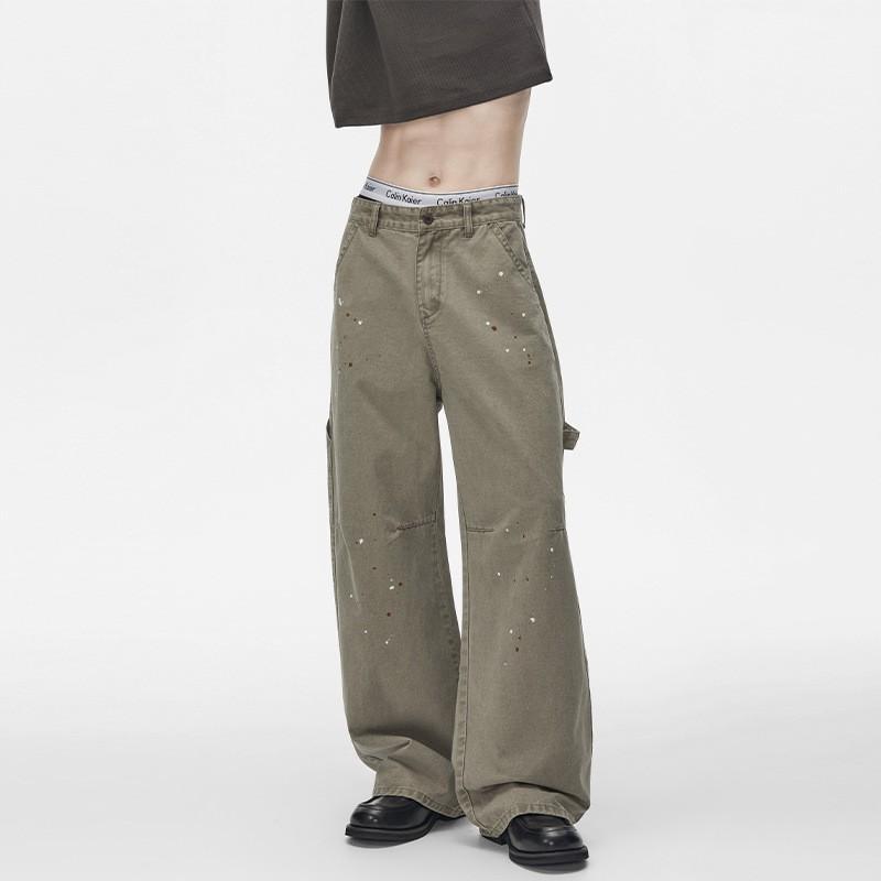 Mens Oversized Washed Cotton Cargo Pants With Splatter Print Straight Fit Loose Workwear Trousers Casual Wear