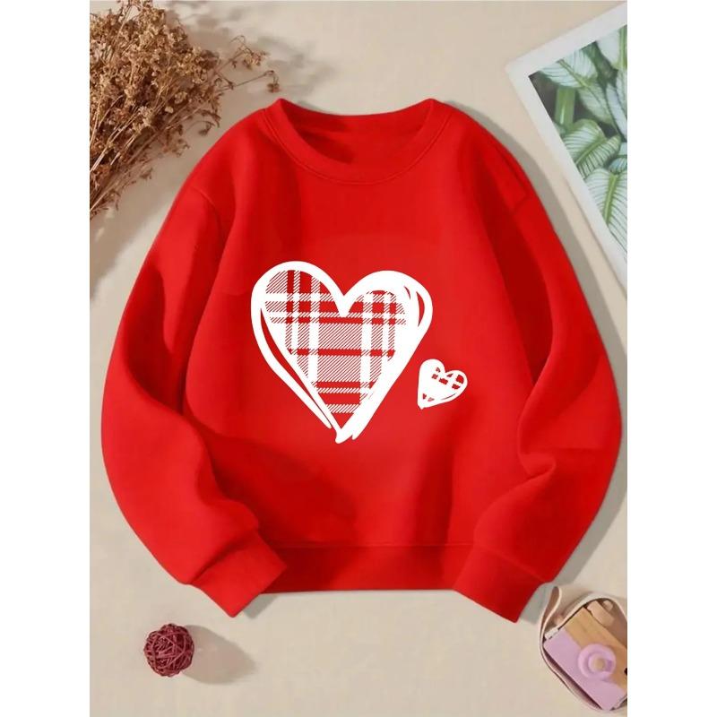 European Sizes Kids' Crewneck Sweatshirt | Plaid Heart Pattern, Sportswear and Casual Wear, Soft and Comfortable, Clothing, Teenagers