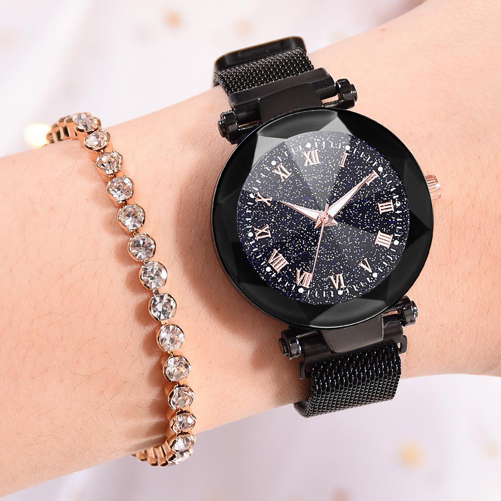 Women Sky Starry Luminous Watch Roman Numerals Quartz Watch Magnet Wristwatch