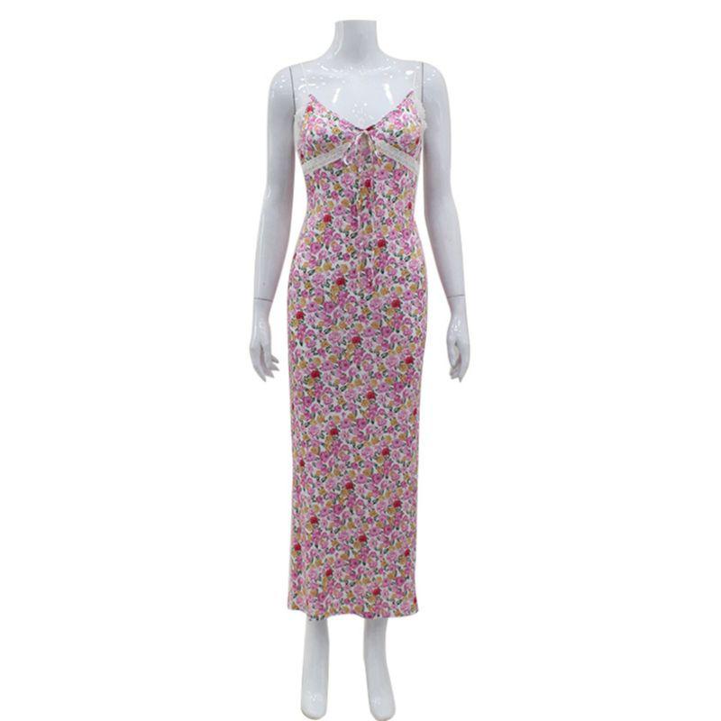 Cnyishe Sweet Summer Style Pink Floral Strap Dress Lace V-neck Patchwork Silm Sheath Dress