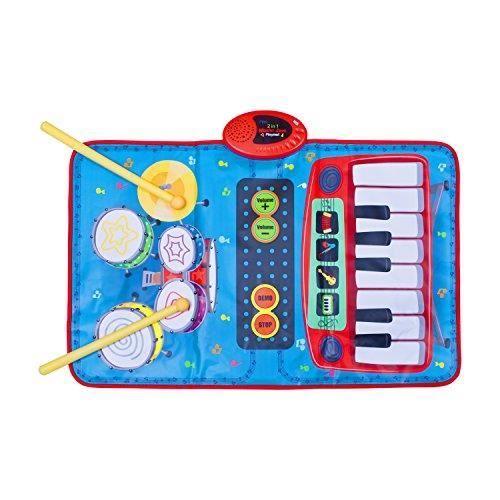 Tapis de Jeu Clavier et kit de Batterie - Global Gizmos - Twin 2 en 1 - Multicolore - Bleu - 2 bâtons de tambour