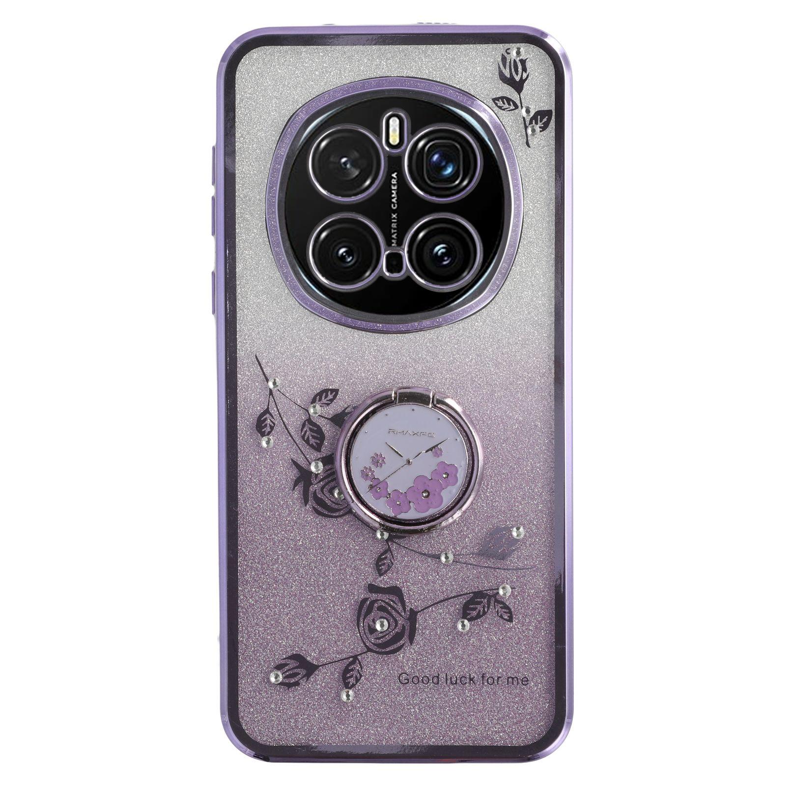 

For Honor Magic7 Pro 5G Case Ring Kickstand TPU Flowers Phone Cover Gradient Glitter Purple