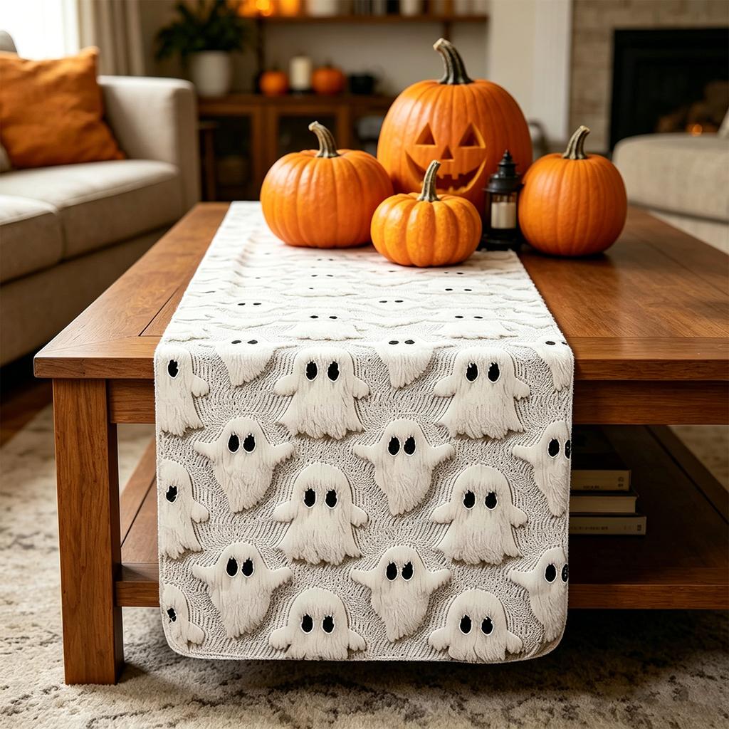 Embroidered Pumpkin Quilted Table Runner with Three Dimensional Stitching for Dining Table Party Decoration Fabric Covering