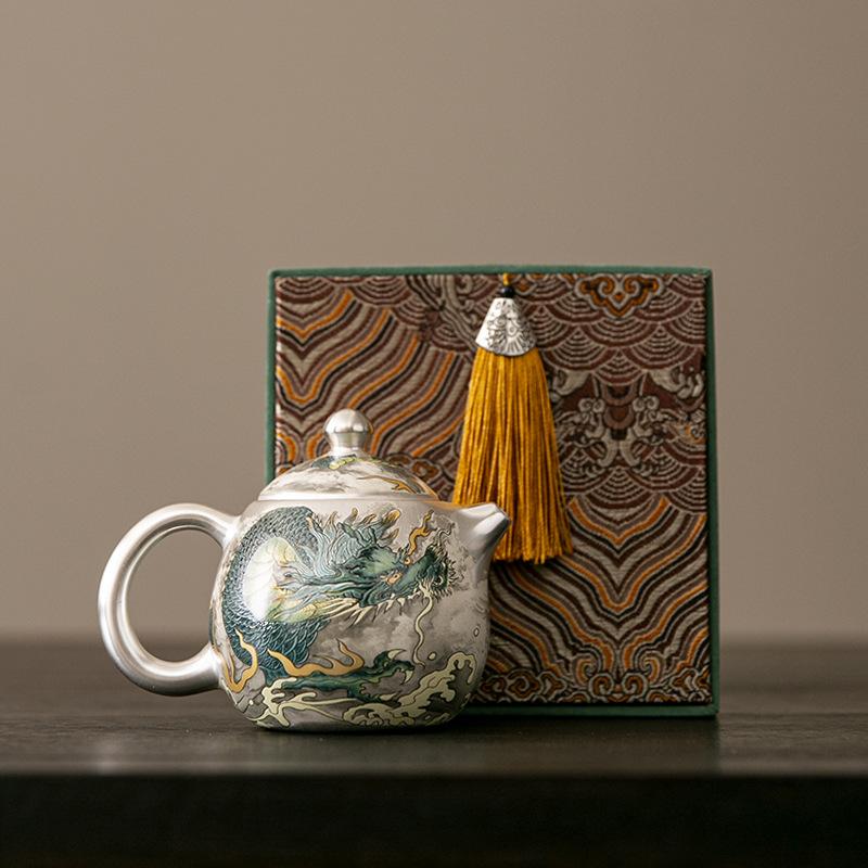 Silver Teapot 999 ******lver Qinglong Teapot Chinese Kung Fu Tea Set Tea Pot Household Filter Single Pot High-end Gift Box