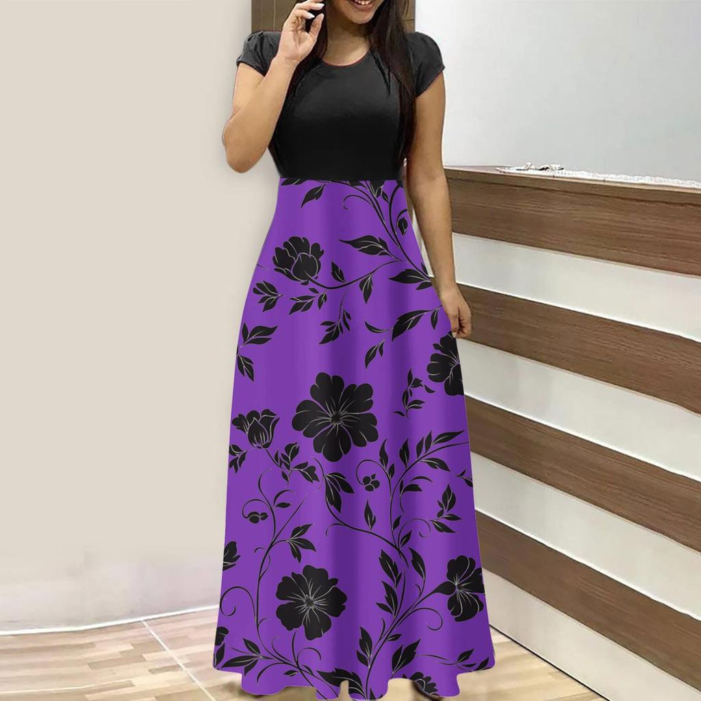 Kadın Modası Günlük Bol Baskılı Yuvarlak Yaka Kısa Kollu Uzun Elbiseler Kısa Kollu Uzun Elbiseler