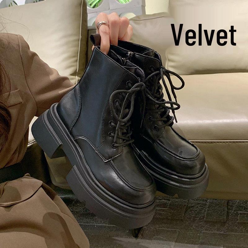 Women's Black Thick-Soled Martin Boots - 2025 Autumn British Style, Height-Increasing Round-Toe, Trendy and Versatile.