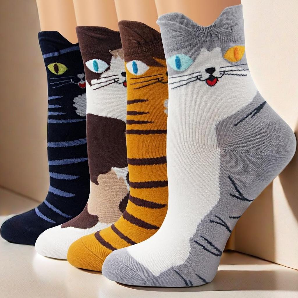 5 Pairs of Women's Crew Socks with Cat Patterns, Cute, Unique, Fun, Comfortable, Moisture-Wicking
