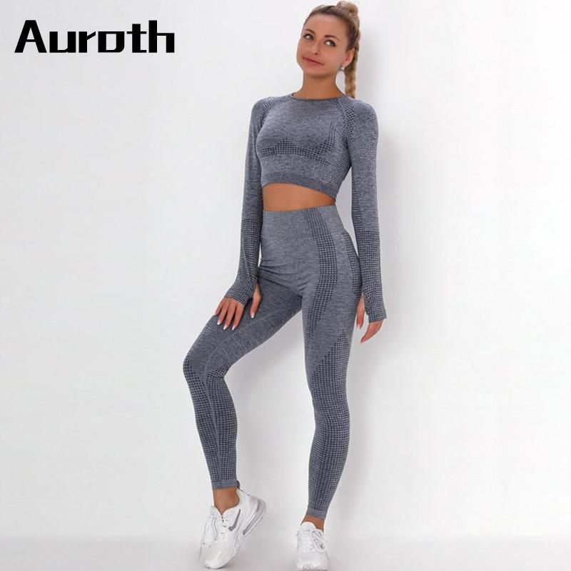 

Бесшовный комплект для йоги Auroth, женский костюм для йоги, спортивный топ с длинными рукавами и высокой талией, спортивные колготки для поднятия бедер, наряд