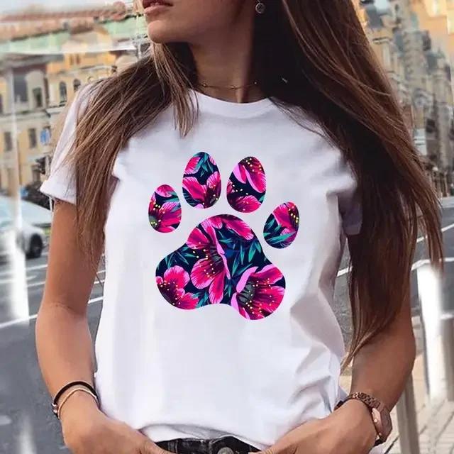 Women T-shirts Love Trend Style Dog Paw Cartoon Animal Pet 90s Summer Graphic Print Female Stylish T Top Shirt Girl Tee T-Shirt