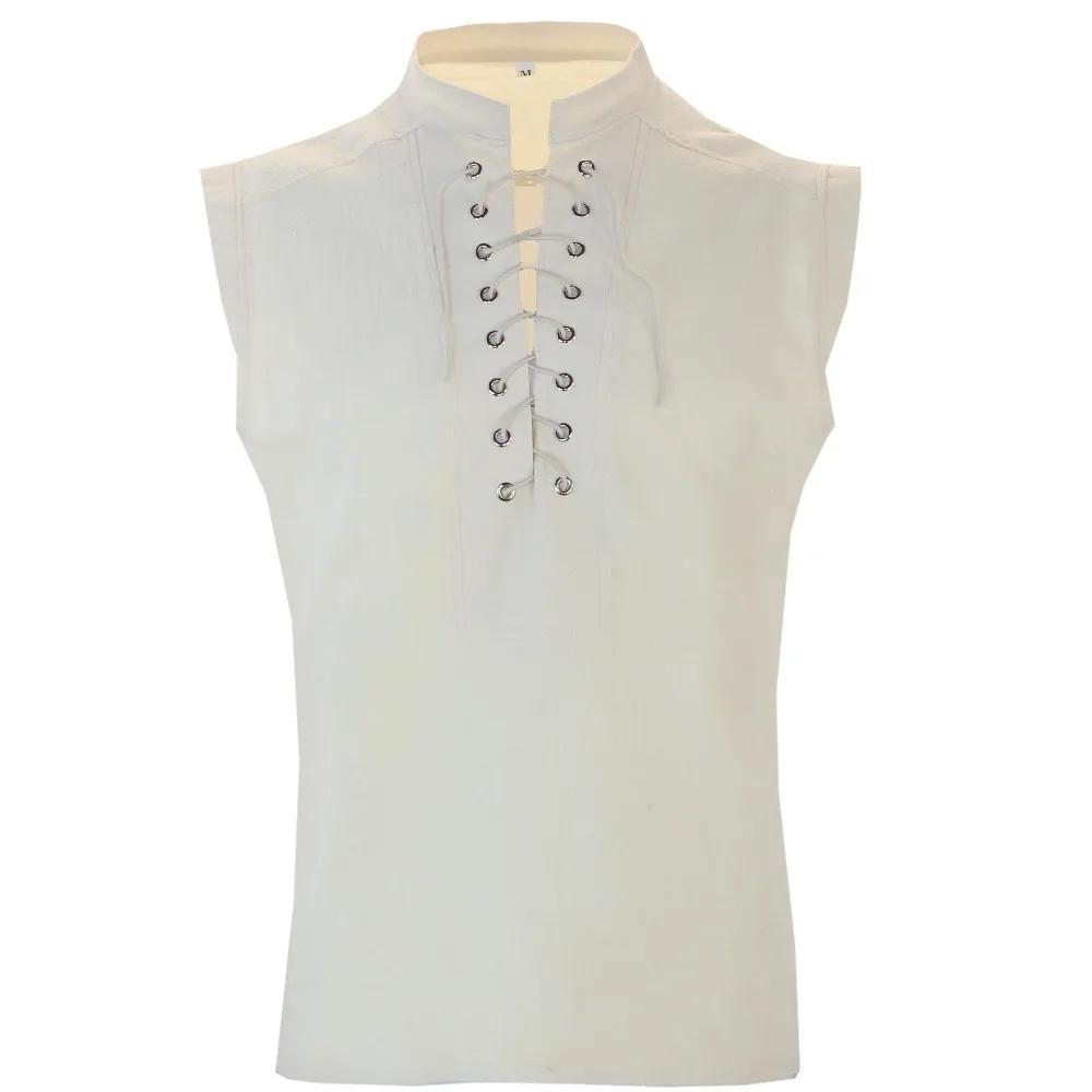 Mannen Middeleeuws Renaissance Krijgers Ridder Kostuum Gewaad Shirt Tops Mouwloos T-shirt Vetersluiting Ontwerp Shirt Losse Pasvorm Vest Kleding S beige